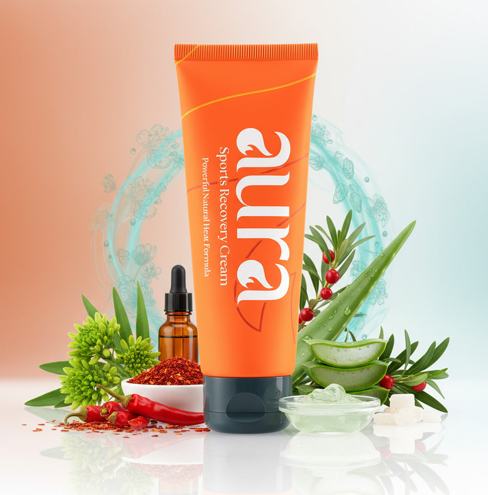 AURA Sports Recovery Cream tube with cap, natural heat cream for warm-up and recovery